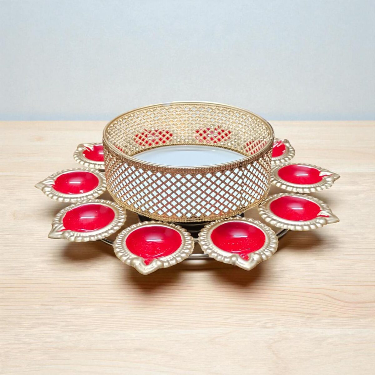 Gifts Byte Decorative Golden Metal Candle Holder with Red Diya Design - Image 1
