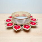 Gifts Byte Decorative Golden Metal Candle Holder with Red Diya Design