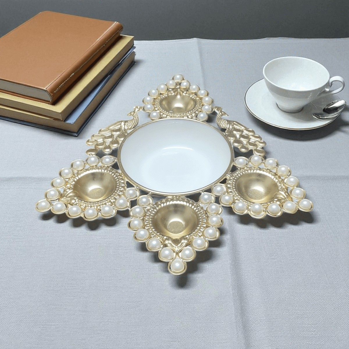 Gifts Byte Decorative Pearl & Metal Pooja Thali - Image 1