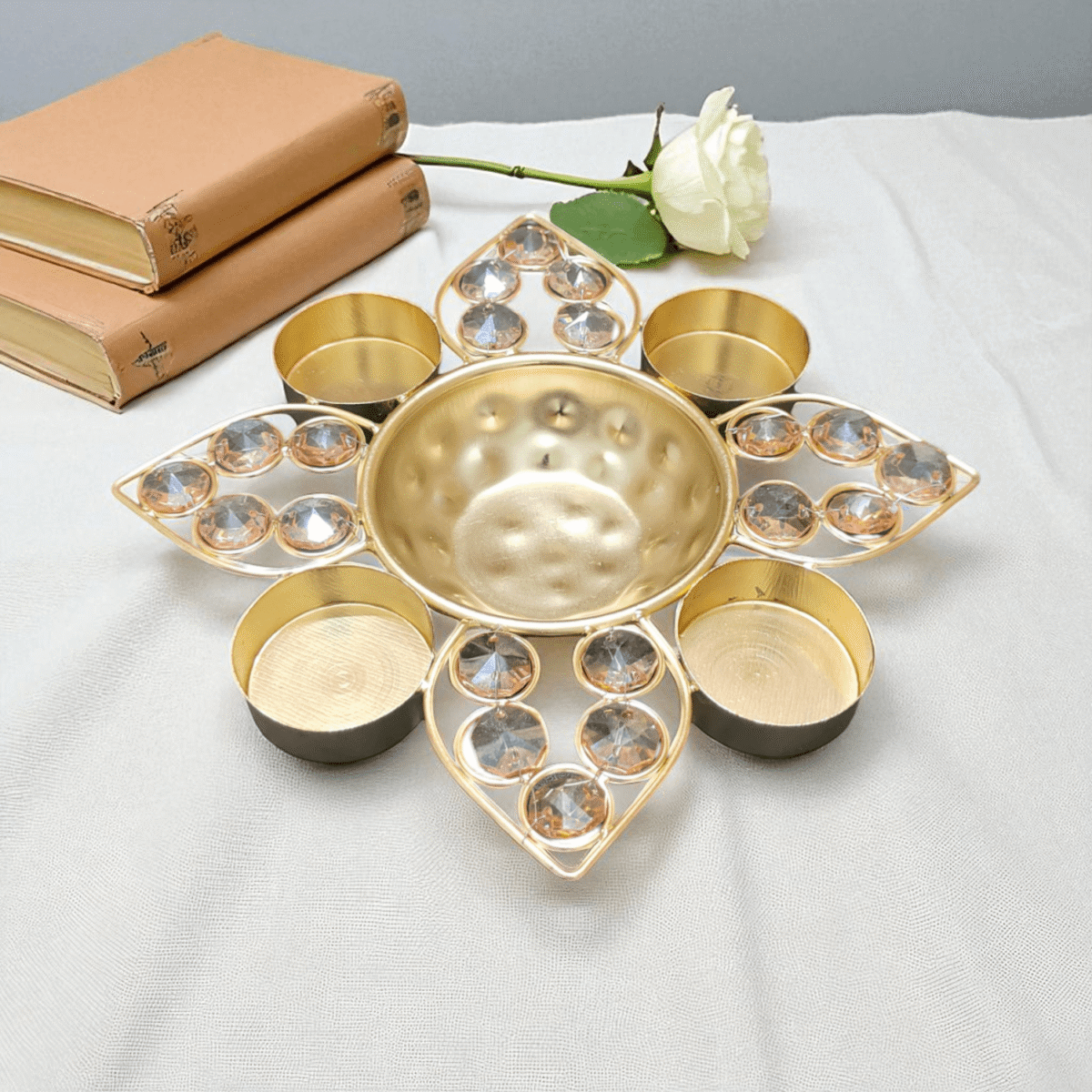 Gifts Byte Crystal Lotus Pooja Thali with Candle Holders - Image 1
