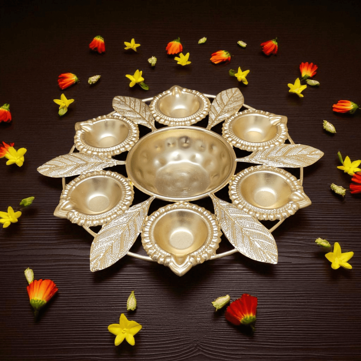 Golden Leaf Motif Pooja Thali - Image 1