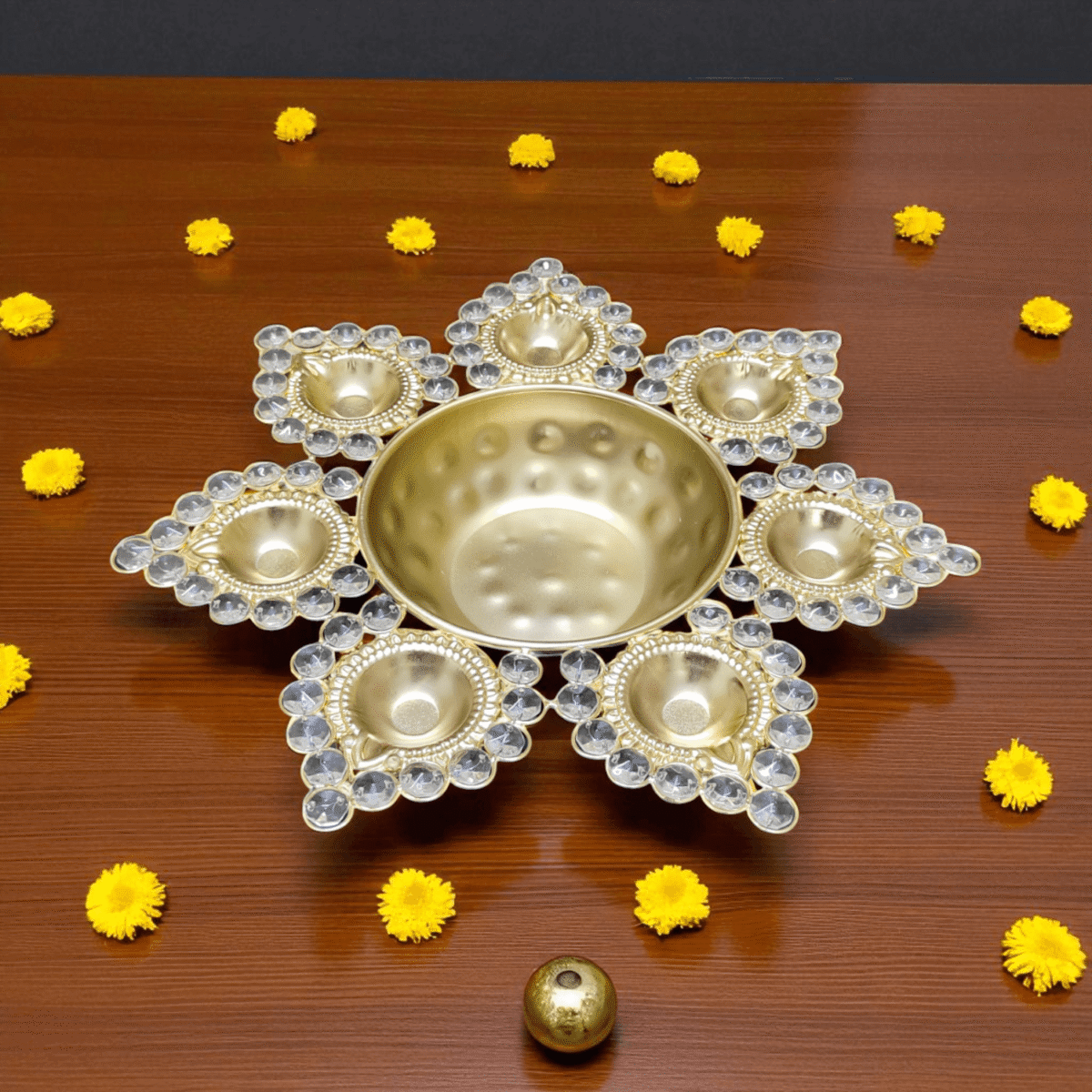 Gifts Byte Crystal-Studded Flower Pooja Thali - Image 1