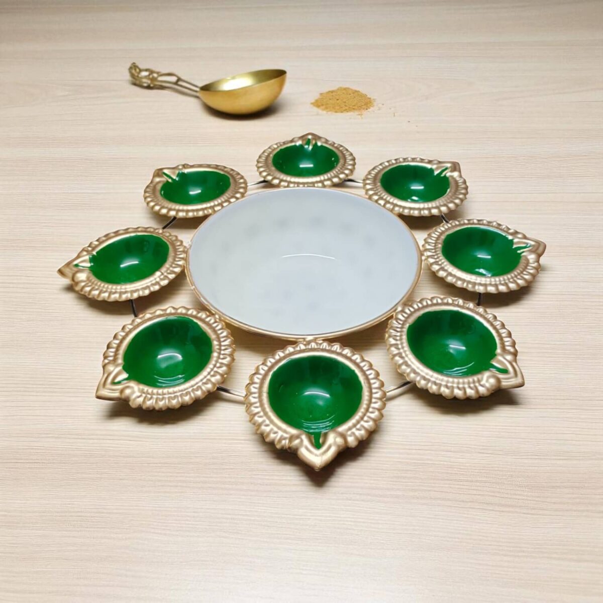 Gifts Byte Green and Gold Decorative Diya Thali - Image 1