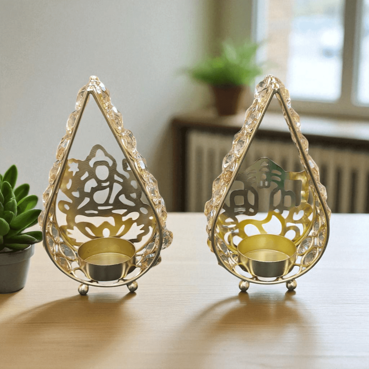 Gifts Byte Crystal Teardrop Lakshmi-Ganesha Tealight Holders (Set of 2) - Image 1