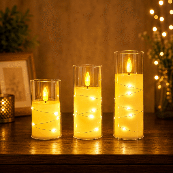 Gifts Byte Elegant LED Flameless Candle Set with Fairy Lights - Set of 3